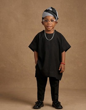 Kids Black Kaftan/Traditional Tunic Set with Matching Headwrap