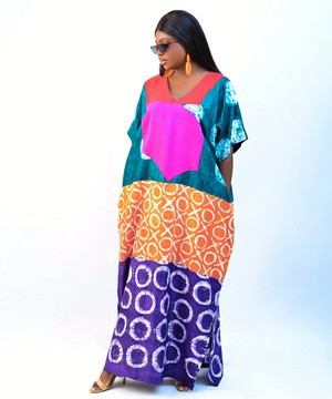 Batik Adire boubou dress (Emerald/orange/purple)