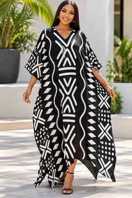 Robe midi à col en V et manches courtes pour femme en imprimé africain | Robe midi en imprimé africain | Bynelo