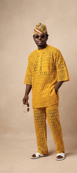 Men’s mustard yellow crochet knit outfit set.