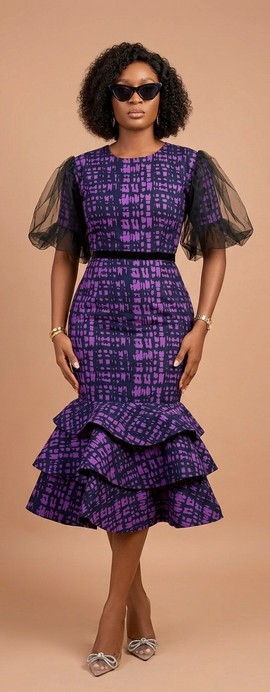 Purple Print Fitted Dress with Sheer Puff Sleeves &amp; Layered Hem