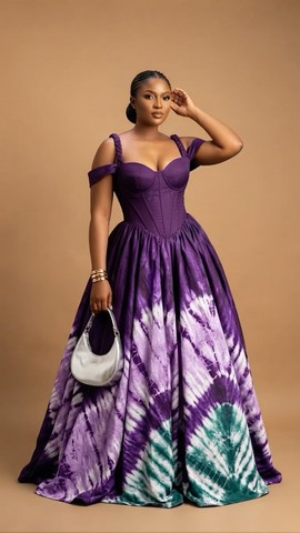 Robe longue bustier à imprimé Adire violet et blanc