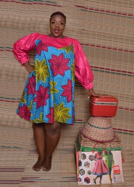 colourful Flared Dress with Puffedd Sleeves| Ankara loose short Gown| Gifts For Her| Ankara Fabric