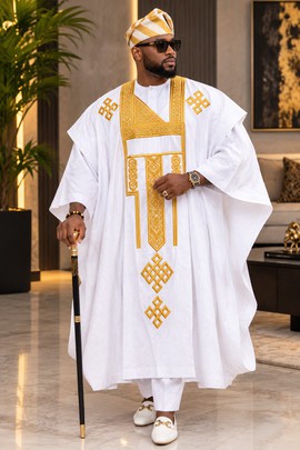 Men's White &amp; Gold Agbada Set – Three Piece Embroidered Nigerian Traditional Attire