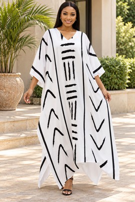 Robe midi à col en V et manches courtes pour femme en imprimé africain | Robe midi en imprimé africain | Bynelo