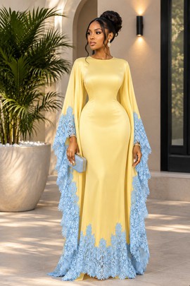 Women's Yellow Satin Mermaid Gown with Blue Lace Cape Sleeves – Floor-Length Evening Dress