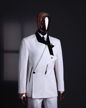 A polished chinos “pride &amp; prejudice”, double breasted deconstructed dropping lapel suit