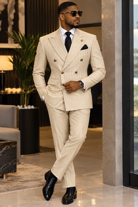 Men's Beige Pinstripe Double-Breasted Suit – Tailored Blazer &amp; Trouser Two-Piece Formal Set