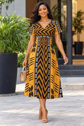 Robe midi à col en V et manches courtes pour femme en imprimé africain | Robe midi en imprimé africain | Bynelo