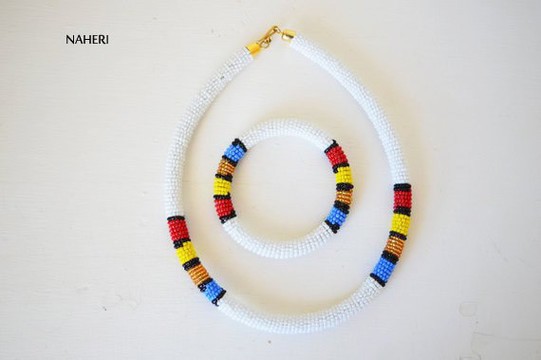 Collier de perles africaines Maasai | Collier zoulou blanc avec bracelet assorti