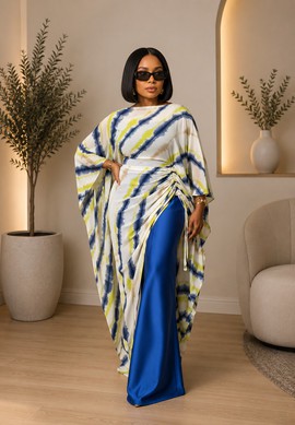 Ensemble composé d’un haut kaftan en crêpe à imprimé tie-dye pour femme et d’un pantalon en satin bleu roi