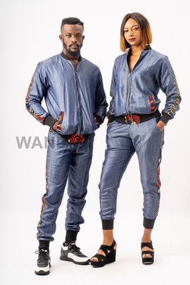 Light Weight Jeans Bomber Jacket and Pants with Ankara Accents, Jeans Jogger Pants
