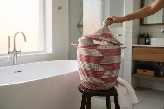 Panier de Rangement Artisanal à Couvercle – Graphique Rose Poudré &amp; Crème