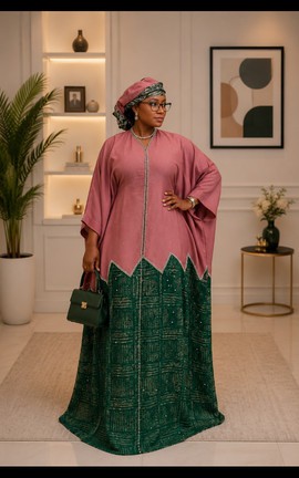 Women's Pink &amp; Green Color Block Kaftan Dress with Matching Headwrap