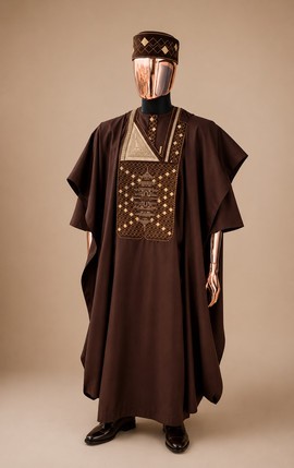Premium Brown Agbada Robe – Men's Wide-Sleeve Traditional Outfit with Matching Embroidered Cap"