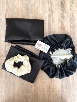 Satin pillowcase set - Satin nightcap - satin scrunchie - black and beige