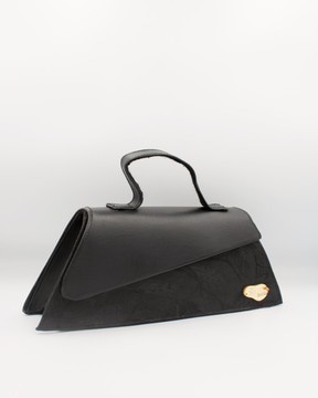 Black Vegan Leather Handbag with Glittery Black Woven Accent
