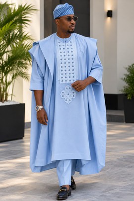 Men's Sky Blue Agbada Set – Three Piece Embroidered Nigerian Traditional Attire with Cap