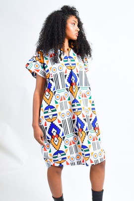 Robe Caftan Avec Poches-Imprimé Wax Masques Colorés