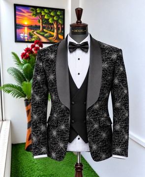Costume de smoking noir et argenté à motif toile, OKXEEL