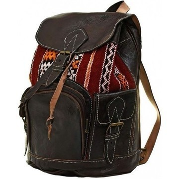 BIG SALE! Genuine Leather Backpack with Red Kilim Handmade by Cuiroma Craftsmen in Morocco