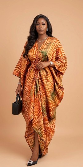 Luxury Orange Print Boubou Gown with Draped Front Detail