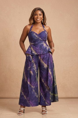 Ensemble pantalon tie-dye violet – Haut péplum africain à licou et pantalon à jambes larges