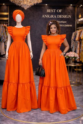 Elegant Orange Maxi Dress with Ruffle Sleeve