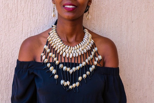African beaded cowrie shell necklace, African tribal necklace, Elegant necklace, Boho necklace
