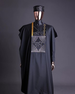 A charcoal Black, Ajala the traveler metallic wire embroidery details agbada