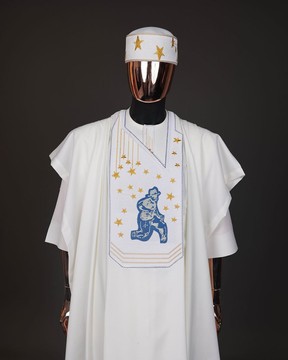 An Ivory white, dropping stars and bender knees metallic wire embroidery Agbada