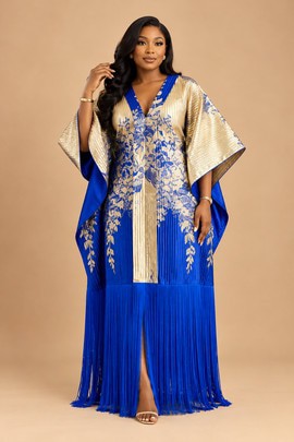 Robe caftan africaine de luxe bleu royal et or pour femme avec franges | Élégante robe boubou