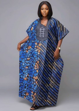 Striking Blue and Orange Printed Kaftan Dress