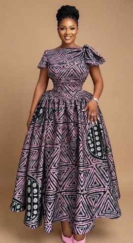 Élégante robe évasée africaine à imprimé géométrique rose et noir