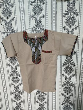African Beige Print Trim Shirt – Short Sleeve Ethnic Cotton Top with Ankara Accent