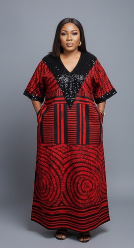 Robe longue glamour rouge et noire avec détails en sequins