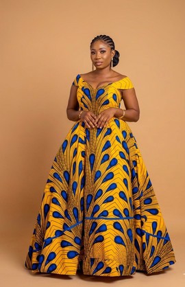 Ankara Peacock Print Ball Gown with Off-Shoulder Sweetheart Neckline|Garden parties|Brunch dates