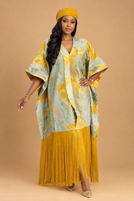 Women’s Luxury African Kaftan with Mustard Yellow Fringe Skirt and Matching Headwrap