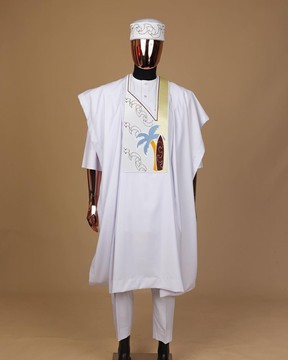 A White, summer time &amp; splashed metallic wire embroidery details Agbada.