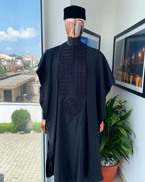 A charcoal black, connected square embroidery Agbada