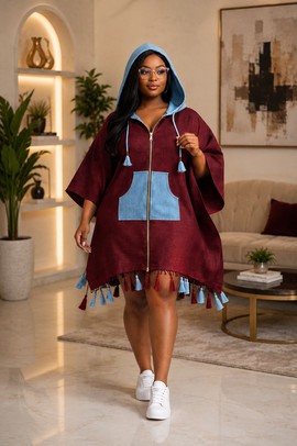 Women's Burgundy &amp; Denim Blue Zip-Up Hooded Poncho Dress – Tassel Fringe Kaftan Cape