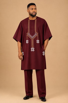 Ensemble kaftan brodé bordeaux pour homme – tenue traditionnelle africaine de luxe avec pantalon assorti