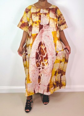 African Print Ankara Yellow Multicolor Cotton Tie-dye Midi Dress