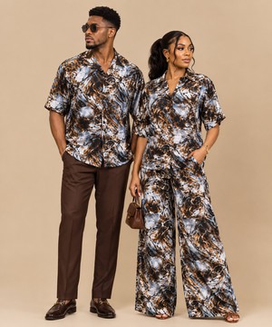 Couple Matching African Print Outfit | Marble Print Shirt &amp; Wide-Leg Two-Piece Set
