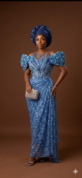 Cornflower and Royal Blue 3D Floral Cap-Sleeve Gown