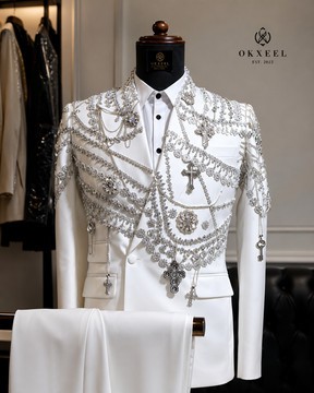 White mekado double breasted embellished suit