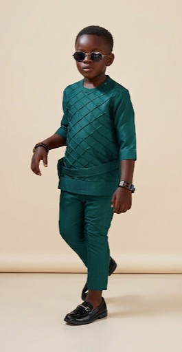 Boys' Emerald Green Textured Diamond-Quilted Two-Piece African Senator Suit