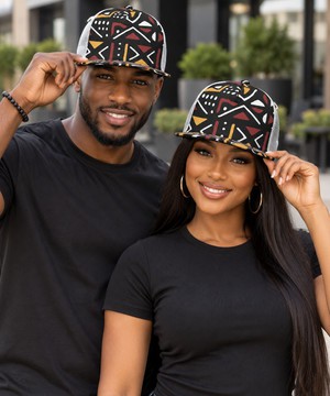 Tribal Bogolan Mudcloth Print Black Flat-Brim Mesh Cap | African Streetwear | Bynelo