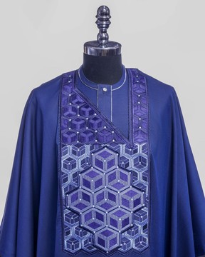A Navy blue, Connected inverted cube -layered 3D embroidery design Agbada