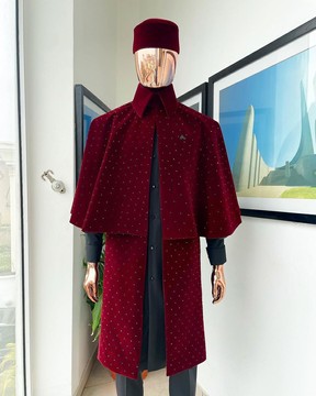 An “Eyes Wide Shut” mahogany red soaked Italian velvet Ceremonial suktan with black Swarovski stone